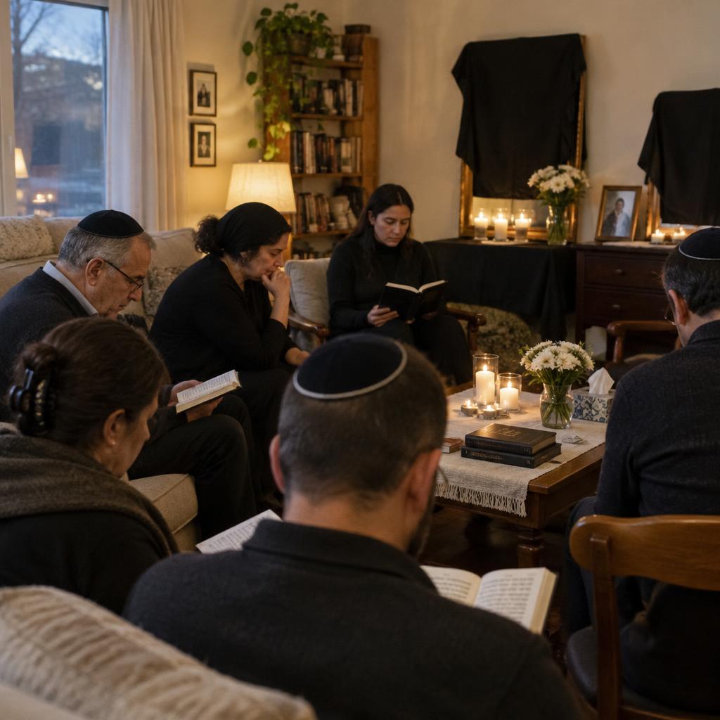 A small group of mourners gathered in a living room for a shiva prayer service, with candles and flowers.