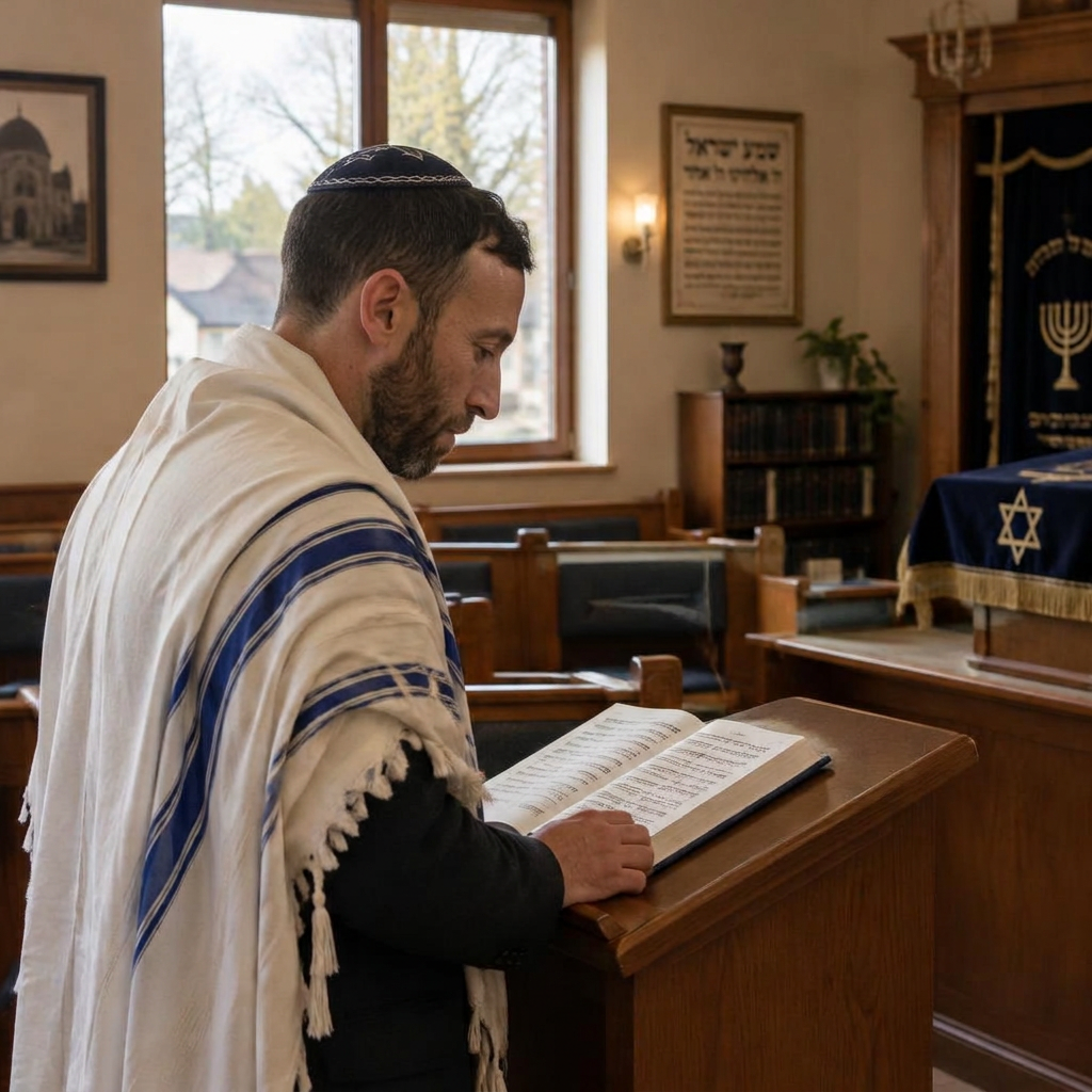 Rabbi Yossi in a tallit and kippah reciting daily prayers from a prayer book at a synagogue lectern.
