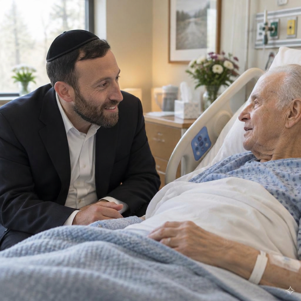 Rabbi Yossi sitting beside an elderly patient's bedside in a softly lit hospital room, in gentle conversation.